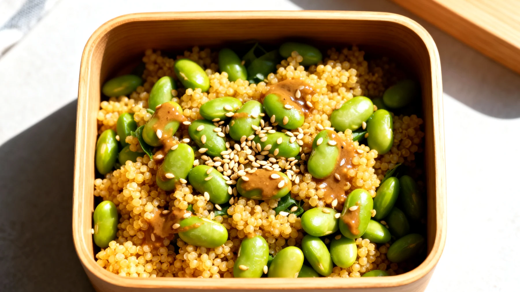 Bento-Box mit Hirse-Edamame-Salat und Miso-Sesam-Dressing"