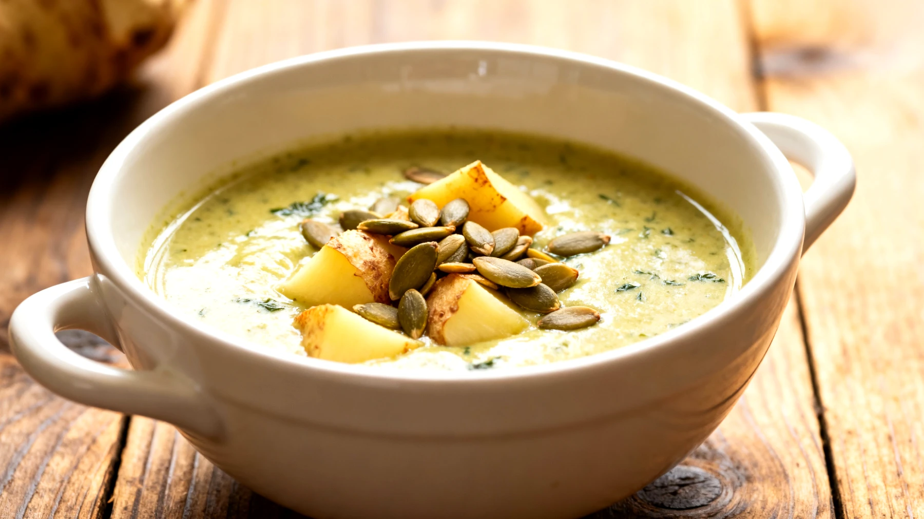 Brennnesselsuppe mit Topinambur und gerösteten Kürbiskernen"