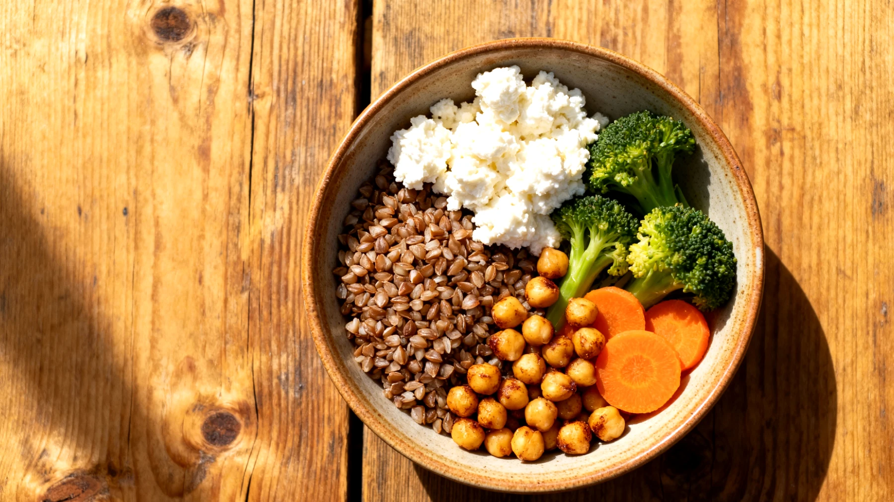 Buchweizen-Bowl mit Hüttenkäse, Kichererbsen und gedünstetem Gemüse"