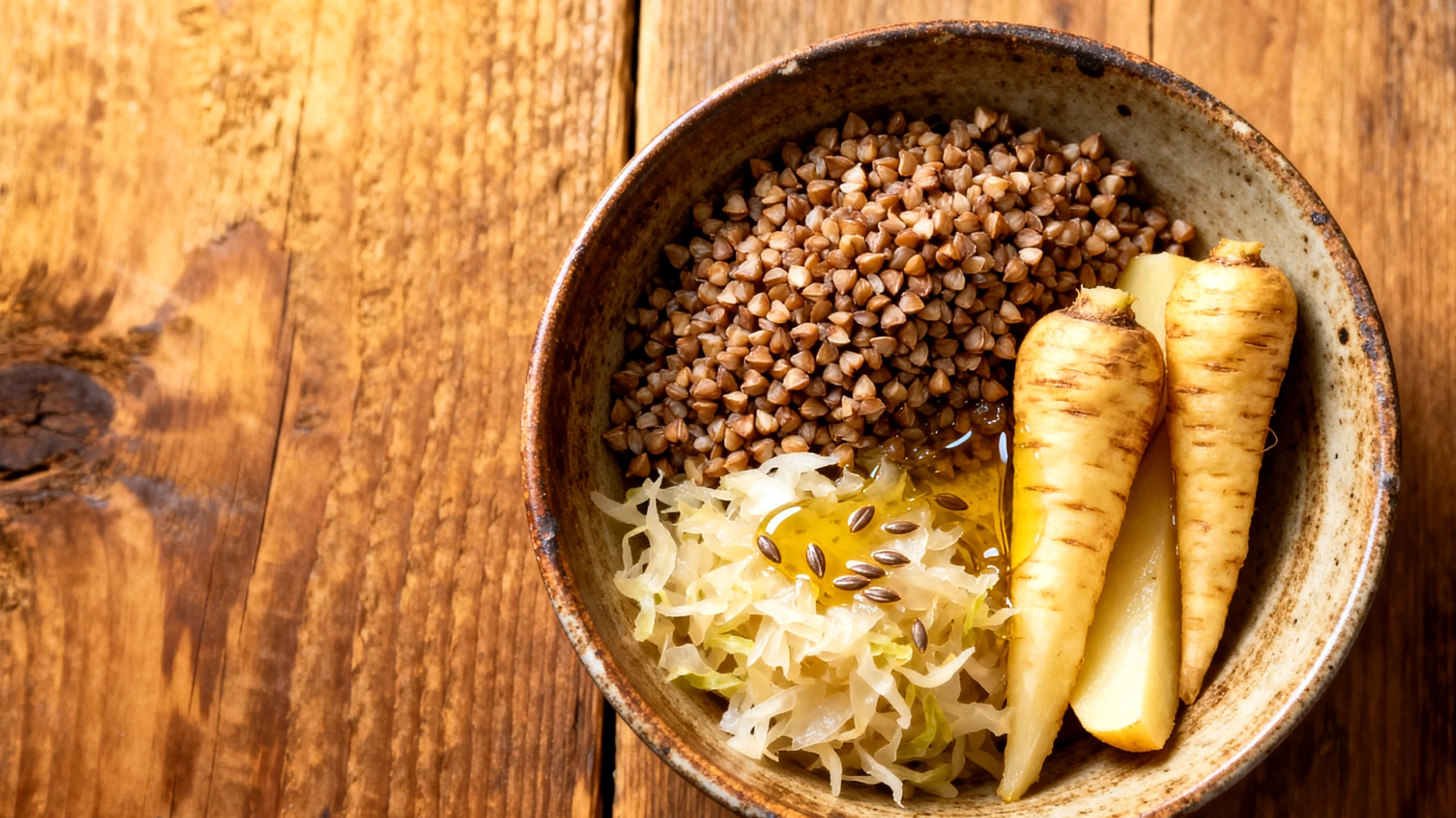 Buchweizen-Sauerkraut-Bowl mit gedünsteten Pastinaken und Leinsamenöl"