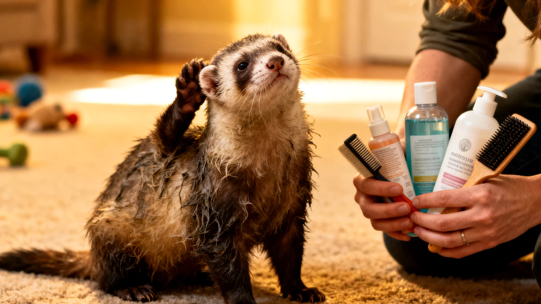 Viele Frettchenbesitzer wissen nicht, welche speziellen Pflegeprodukte für die empfindliche Haut und das Fell erwachsener Frettchen geeignet sind, und welches Zubehör für ihre aktive Lebensweise und ihr Grabverhalten notwendig ist"