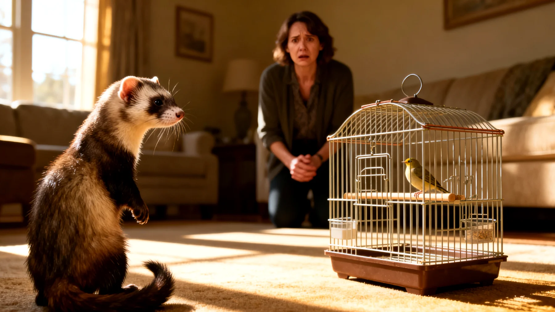 Frettchen zeigen oft territoriales und jagdliches Verhalten gegenüber anderen Haustieren, insbesondere Nagetieren und Vögeln, was zu Stress, Verletzungen oder gefährlichen Situationen im Mehrtierhaushhalt führen kann"