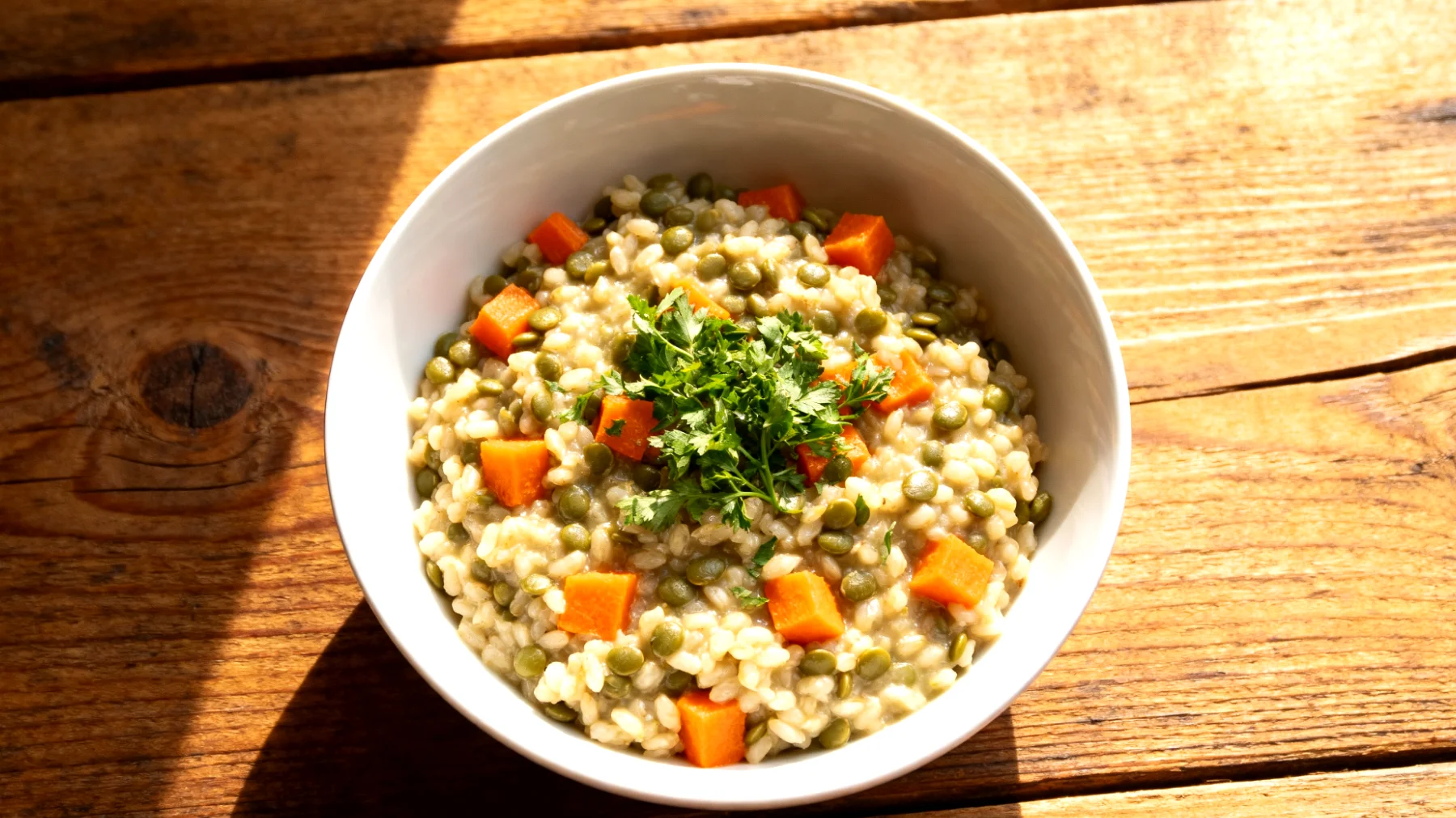 Graupensuppe mit Hülsenfrüchten und Gemüse (Orzotto mit Linsen)"
