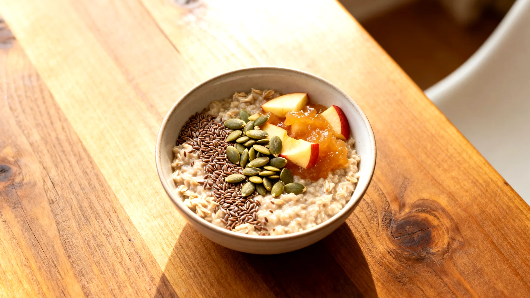 Hafer-Leinsamen-Porridge mit Kürbiskernen und Apfelkompott"