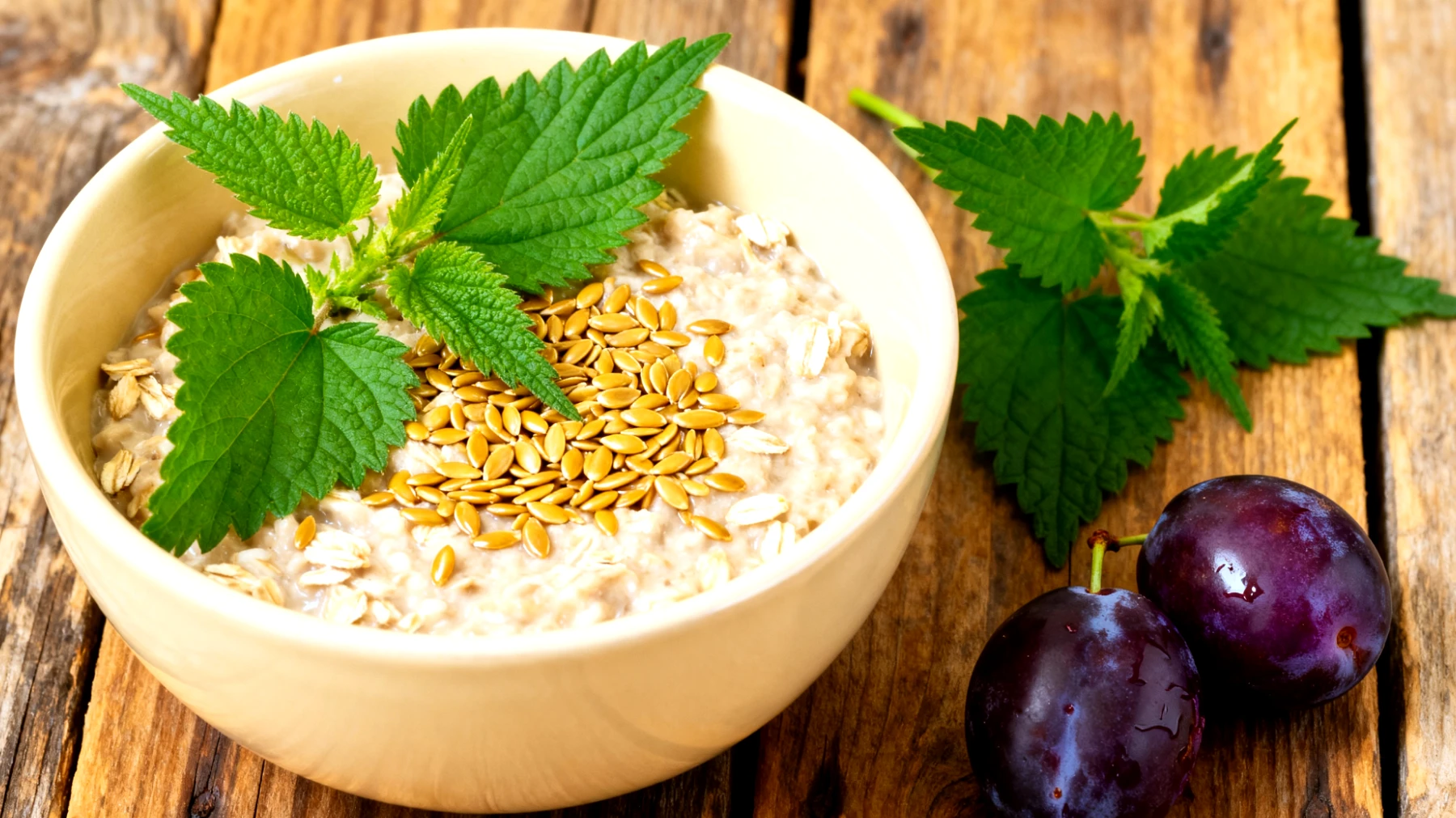 Hafer-Porridge mit Leinsamen, Brennnesselblättern und fermentierten Pflaumen"