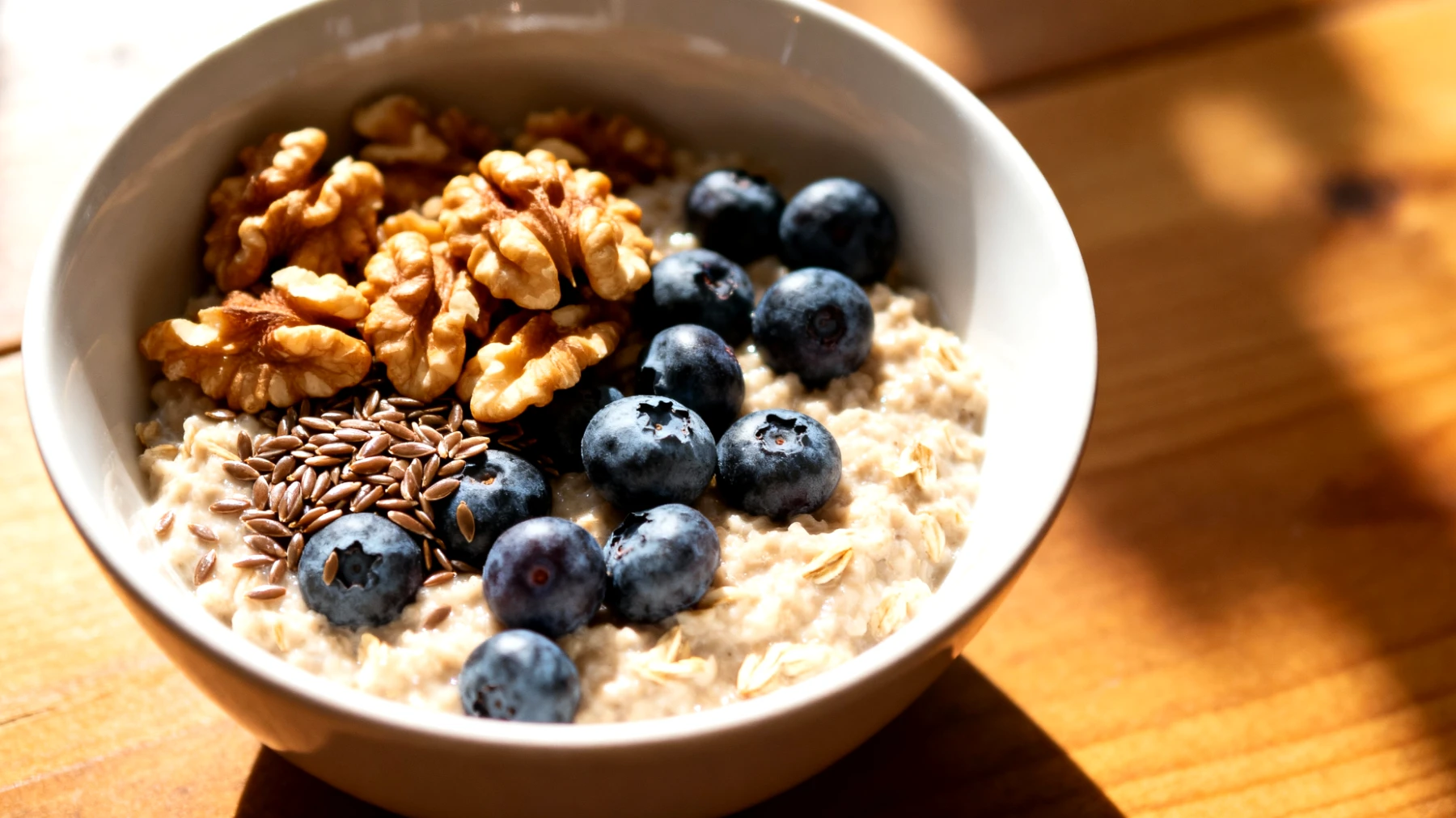 Hafer-Porridge mit Walnüssen, Leinsamen und Blaubeeren"