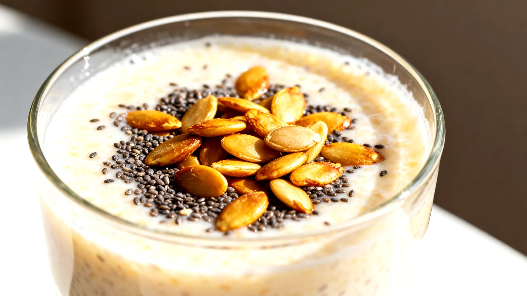 Kefir mit Chiasamen und gerösteten Kürbiskernen"