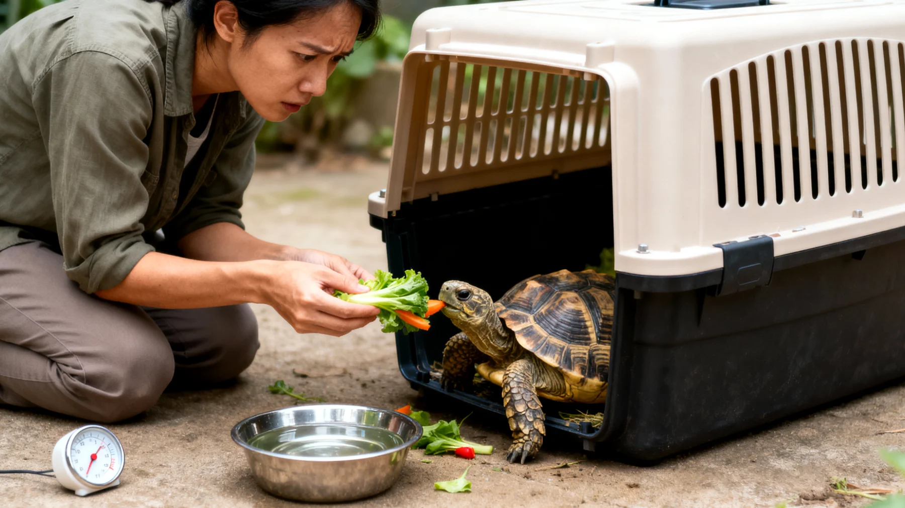 Schildkröten benötigen während einer Reise spezielle Ernährung und Fütterungsstrategien, da Stress, Temperaturschwankungen und eingeschränkte Bewegung ihren Stoffwechsel und Appetit beeinflussen können"