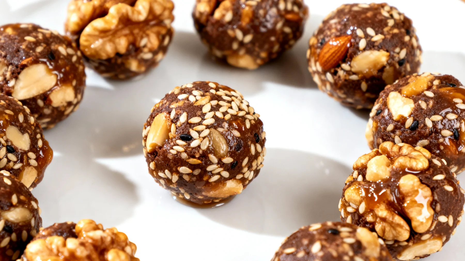 Walnuss-Kakao-Energiekugeln mit Reissirup und Sesam"