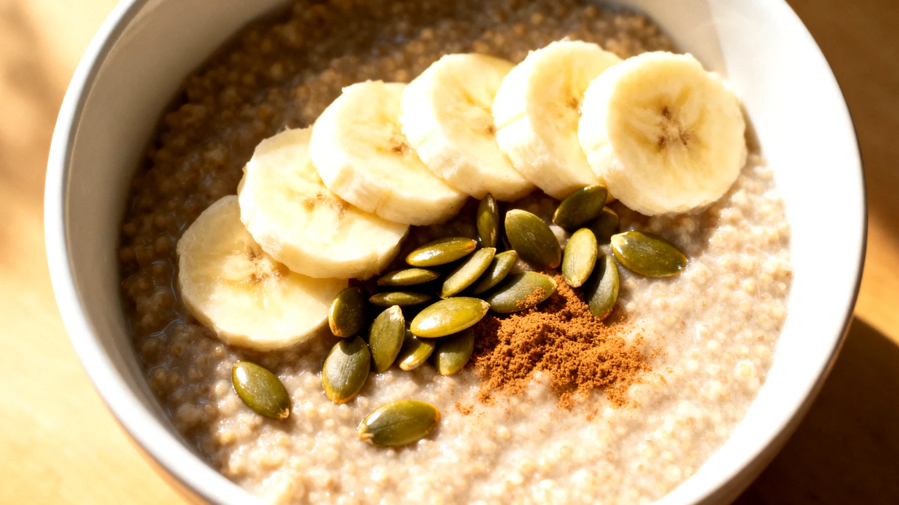 Amaranth-Bananen-Porridge mit Kürbiskernen und Zimt"