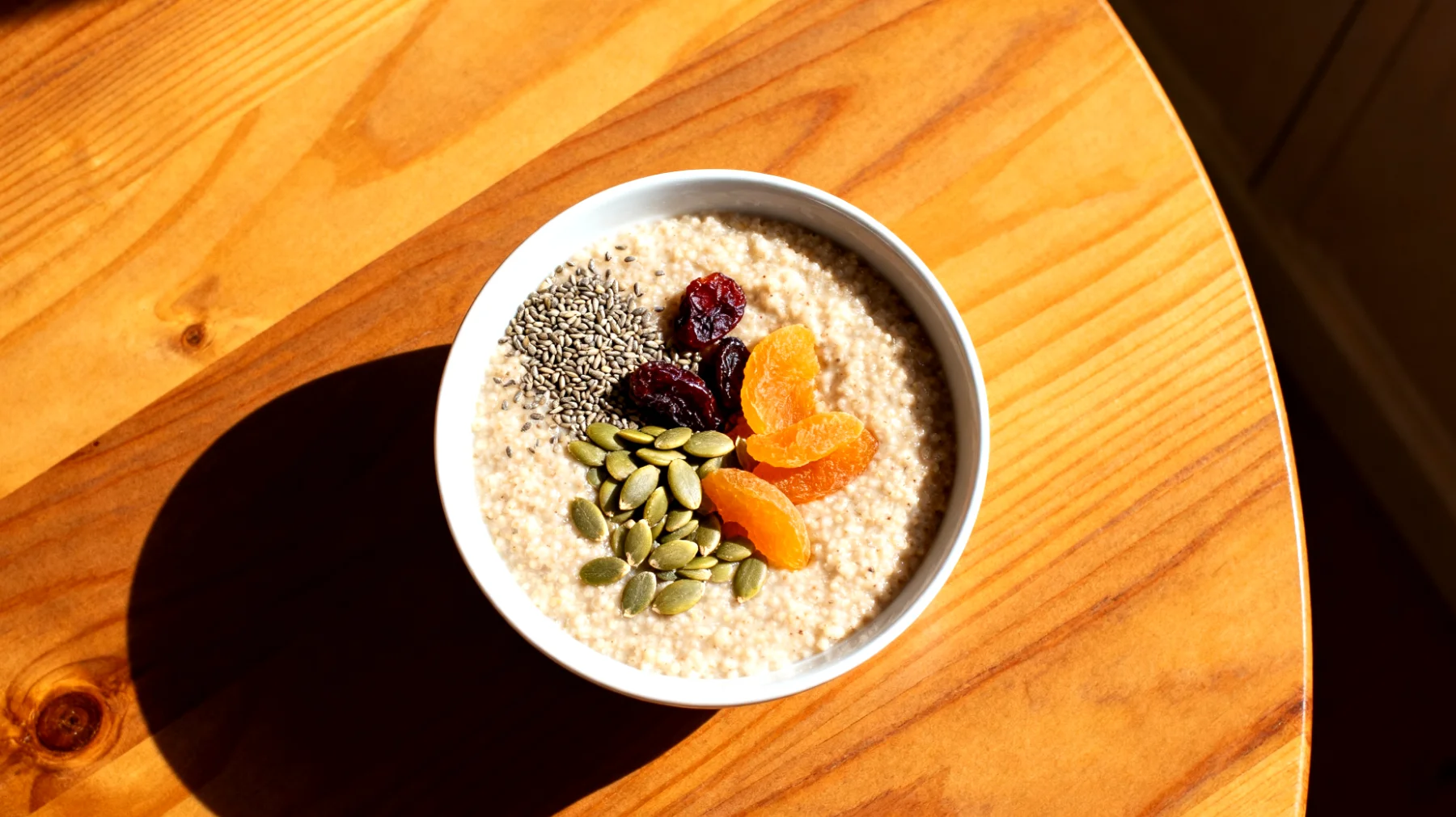 Amaranth-Porridge mit Hanfsamen, Kürbiskernen und Trockenfrüchten"