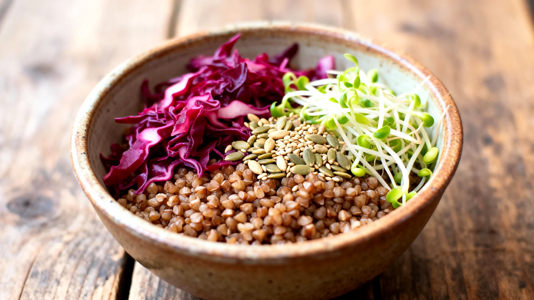 Buchweizen-Bowl mit fermentiertem Rotkohl, Mungobohnensprossen und Hanfsamen"