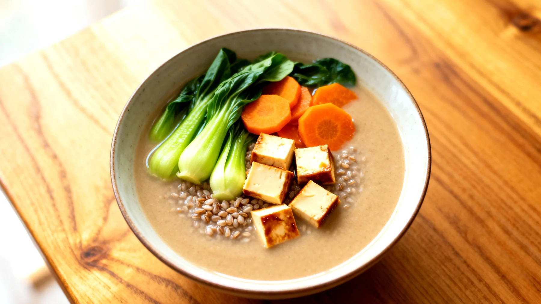 Buchweizen-Miso-Suppe mit gedünstetem Gemüse und Tamari-Tofu"