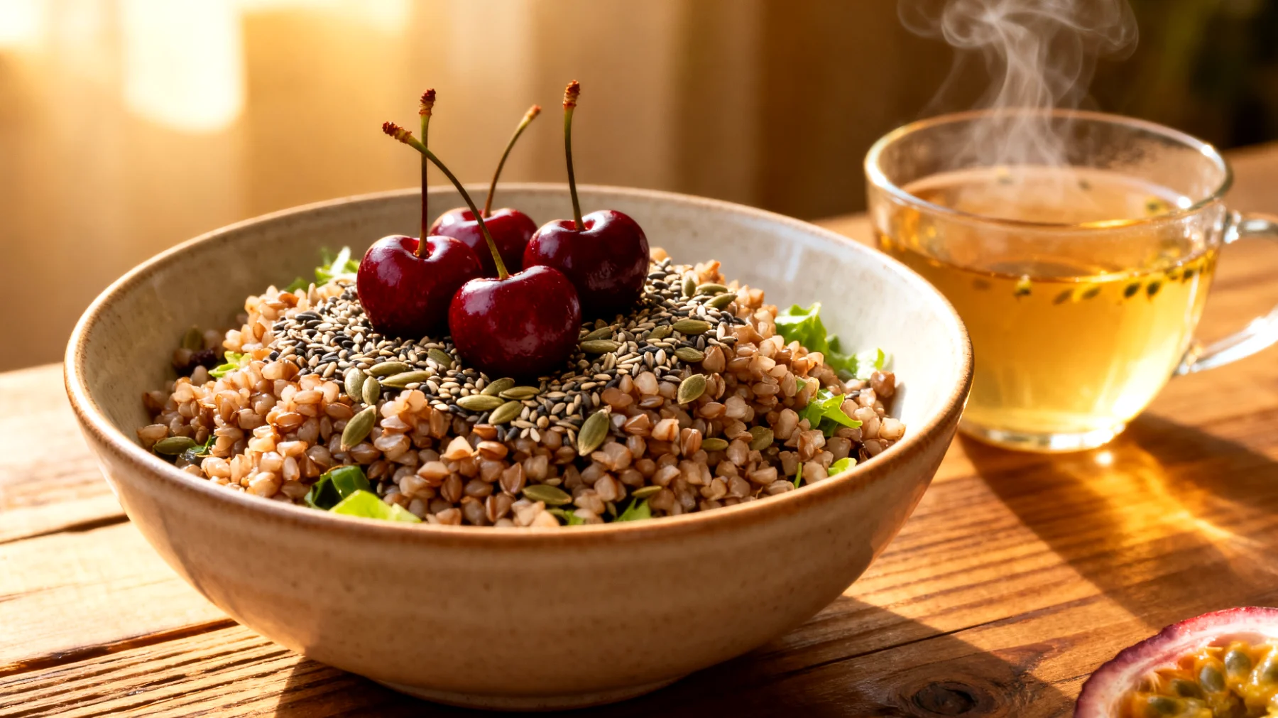 Buchweizen-Salat mit Hanfsamen, Kirschen und Passionsblume-Tee"