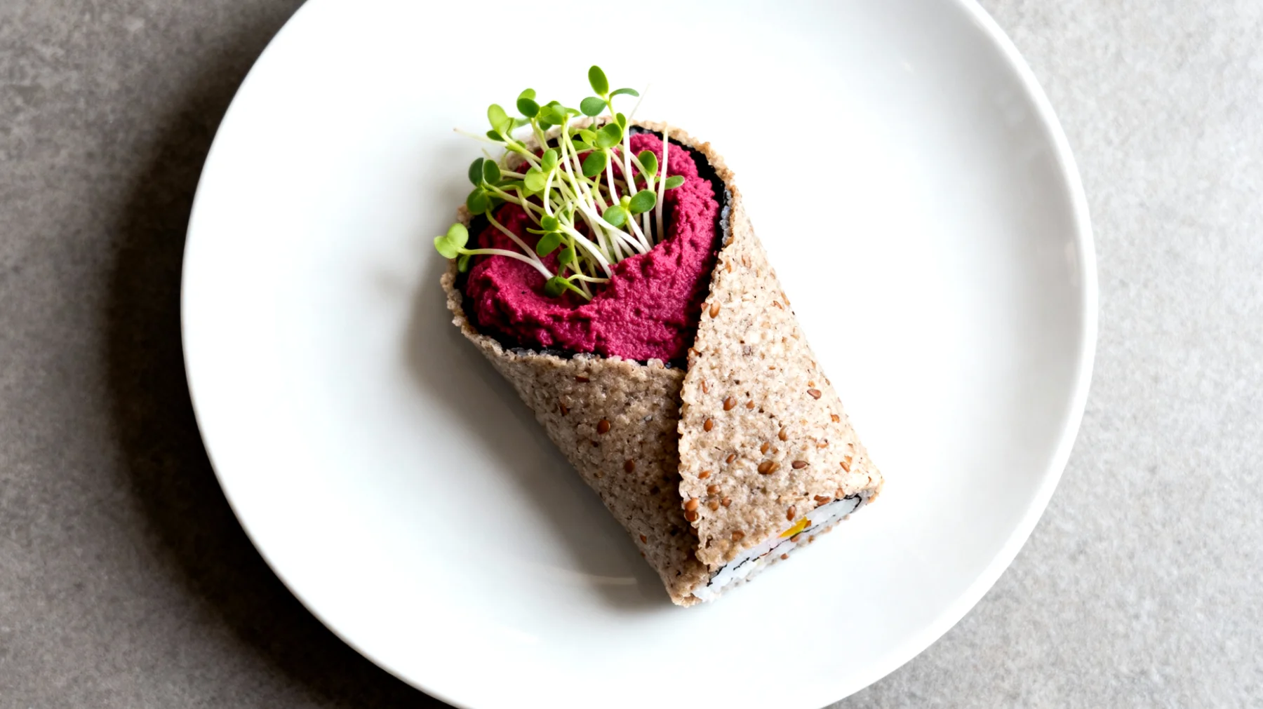 Buchweizen-Sushi-Rolle mit Rote-Bete-Hummus und Sprossen"