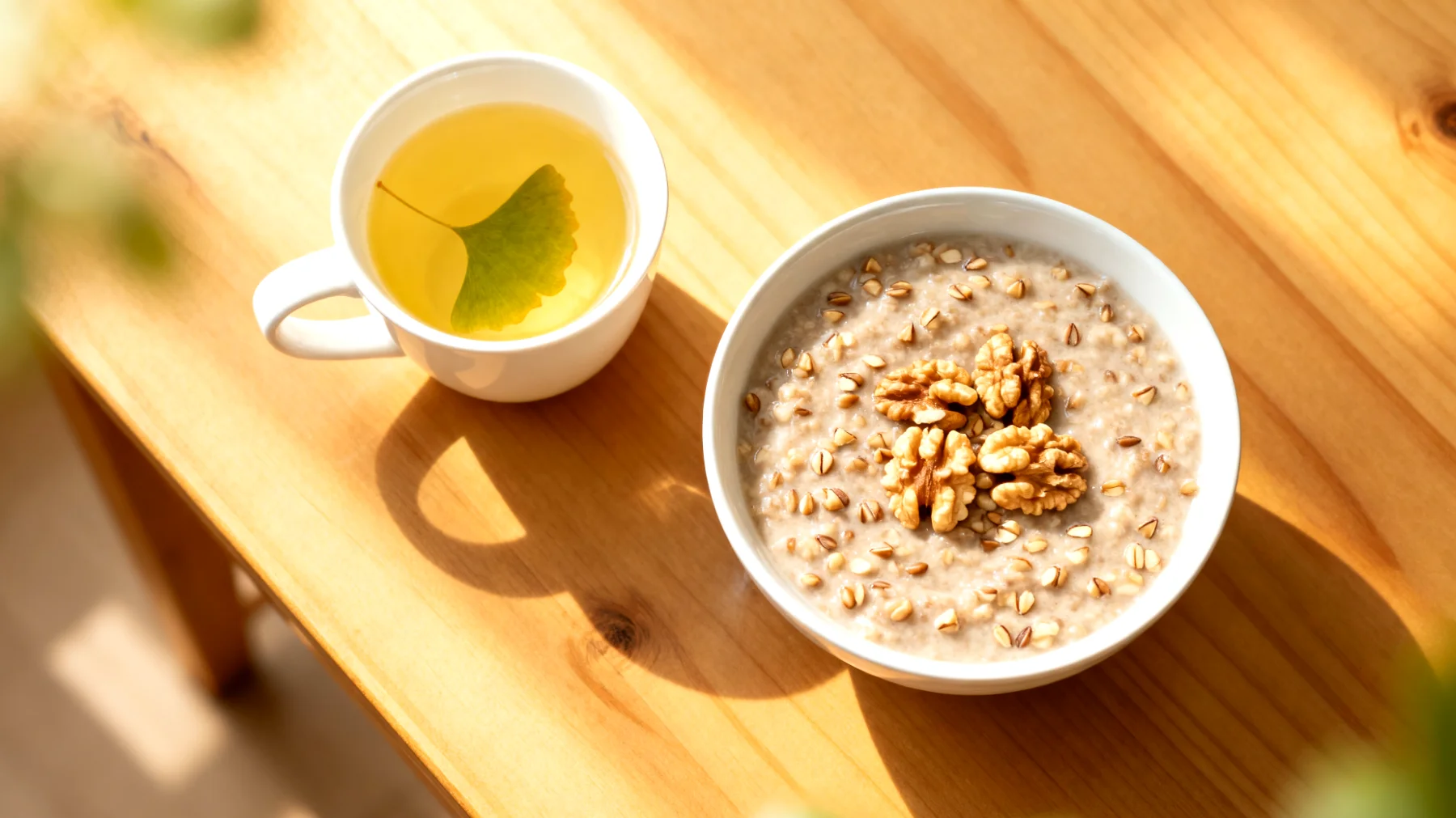 Buchweizen-Walnuss-Porridge mit Ginkgo-Blätter-Tee"