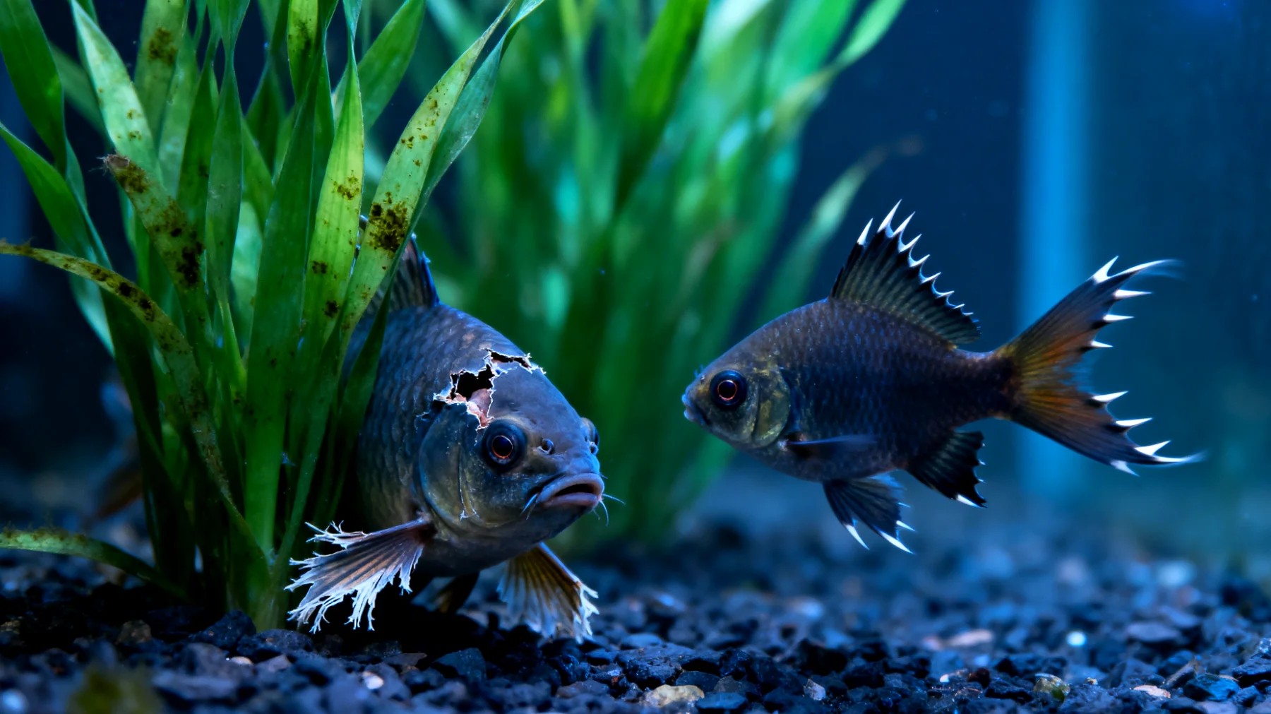 Fische zeigen Stress- oder Aggressionsverhalten im Aquarium, wie Flossenzupfen, Verstecken oder territoriale Auseinandersetzungen"