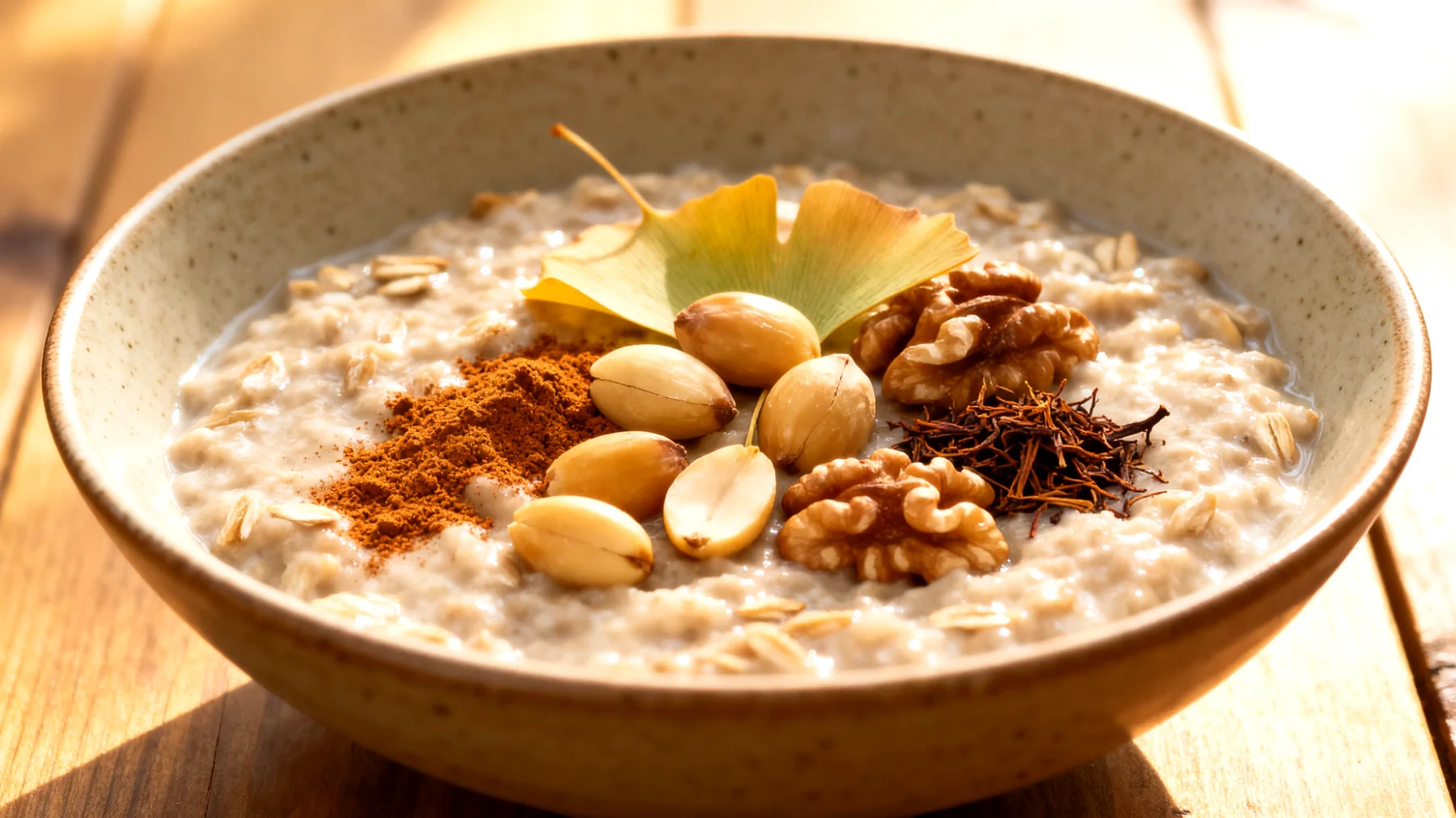 Ginkgo-Walnuss-Porridge mit Reishi-Pilzpulver und Haferdrink"