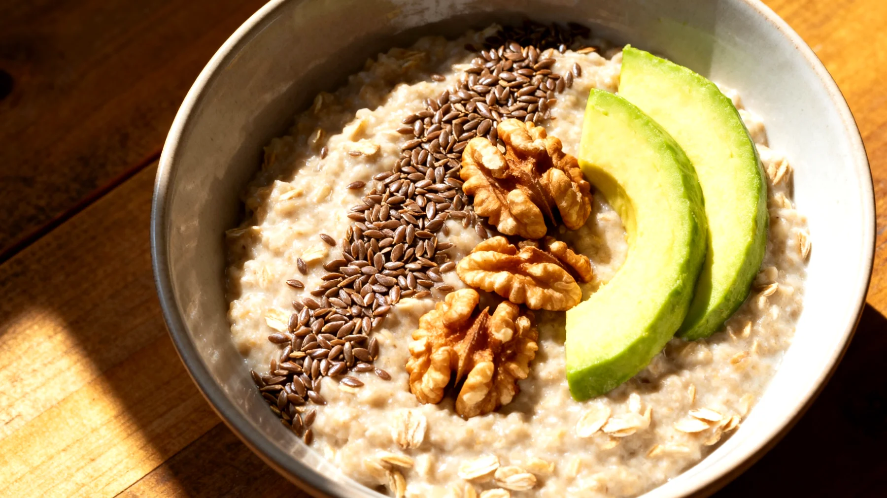 Hafer-Porridge mit Leinsamen, Walnüssen und Avocado"