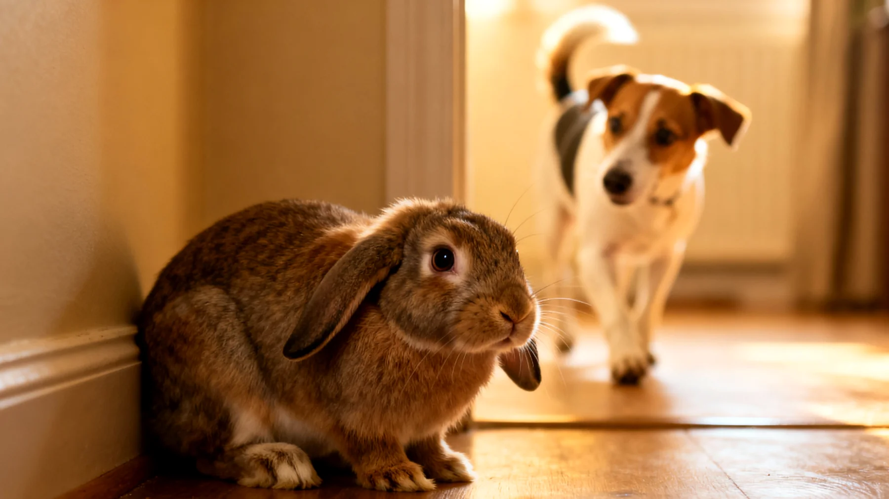 Kaninchen zeigen oft Stresssymptome wie Angst, Aggression oder Rückzugsverhalten, wenn sie mit anderen Tieren im Haushalt zusammenleben, insbesondere mit Hunden, Katzen oder dominanten Artgenossen"