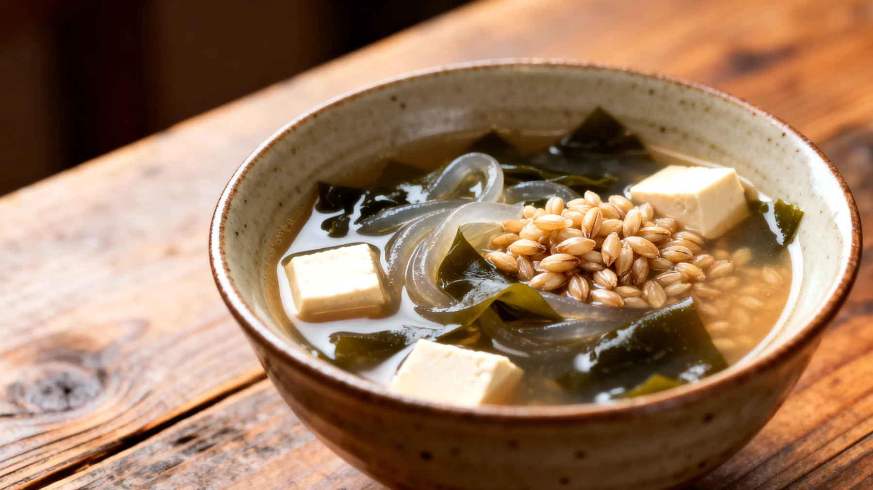 Miso-Suppe mit Wakame-Algen, Tofu und Gerste"