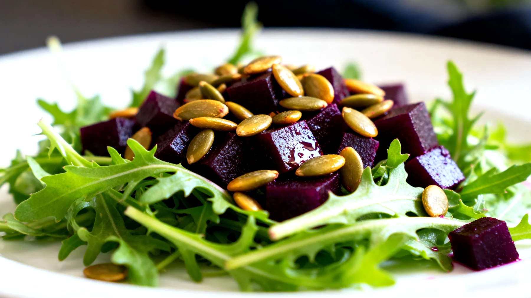 Mizuna-Salat mit gerösteten Kürbiskernen und fermentierten Rote-Bete-Würfeln"