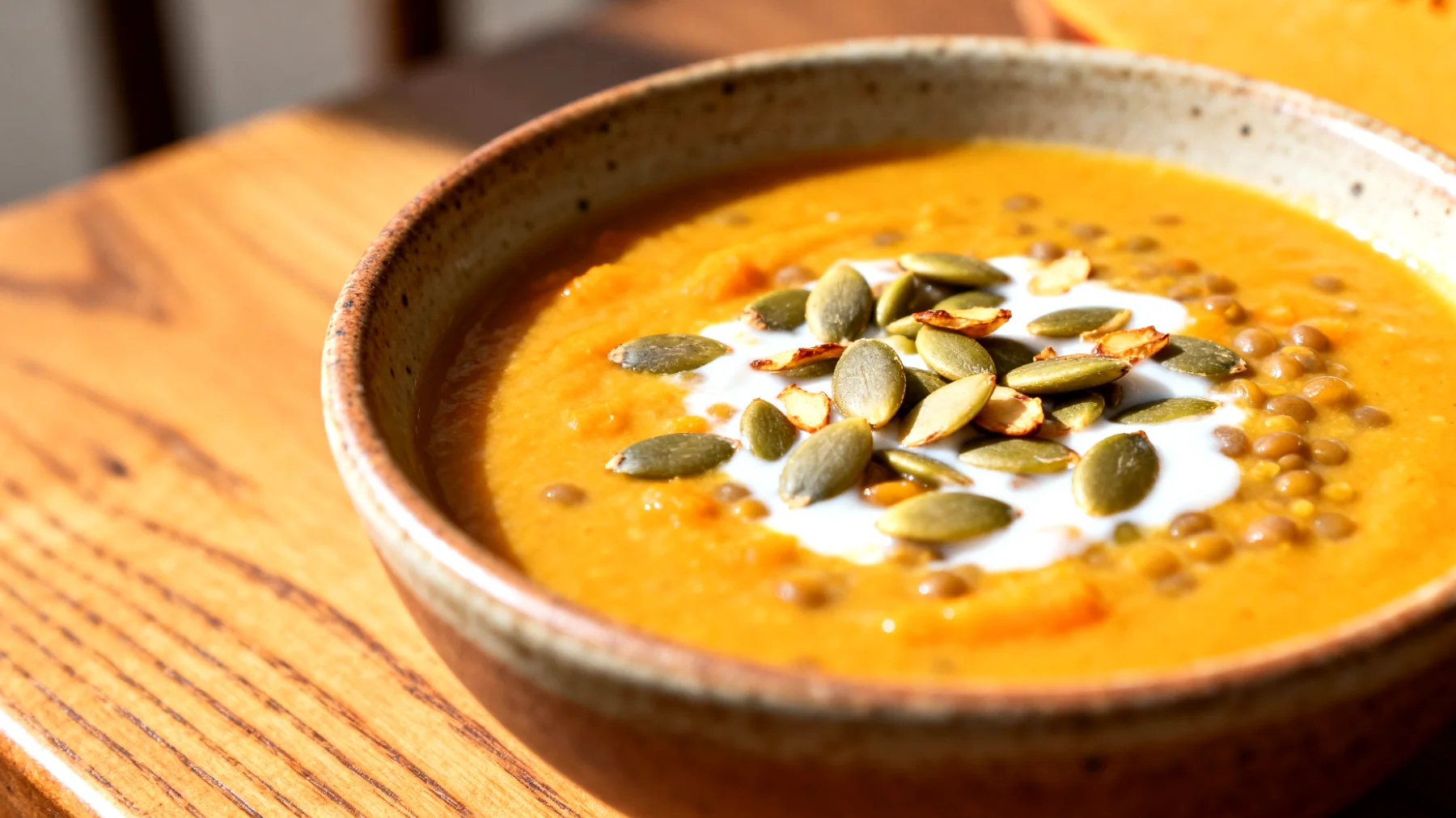 Süßkartoffel-Linsen-Suppe mit Kokos und Kürbiskernen"