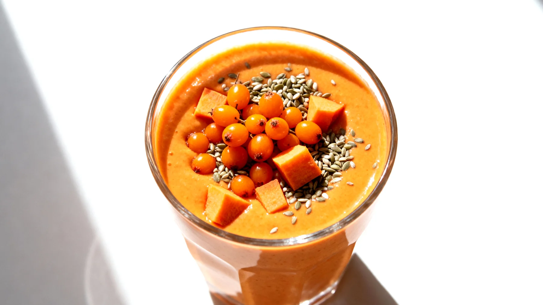 Sanddorn-Beeren-Smoothie mit Hanfsamen und Süßkartoffel"